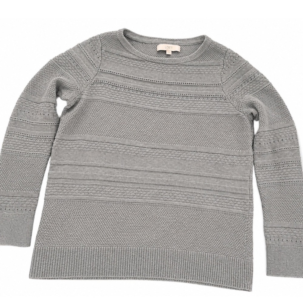 LOFT Women Gray Textured Knit Crewneck Sweater Pointelle Stripe Size L